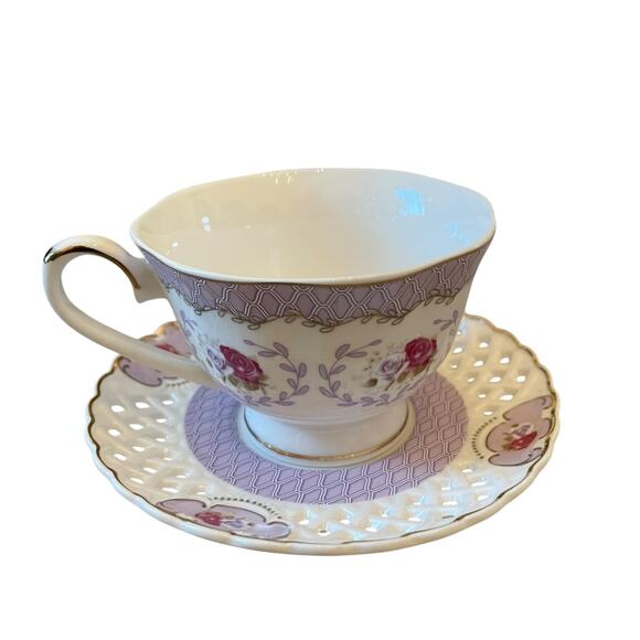Grace Teaware Teacup & Saucer Floral Lavender Rose Lattice Gold Accents New - Picture 15 of 16